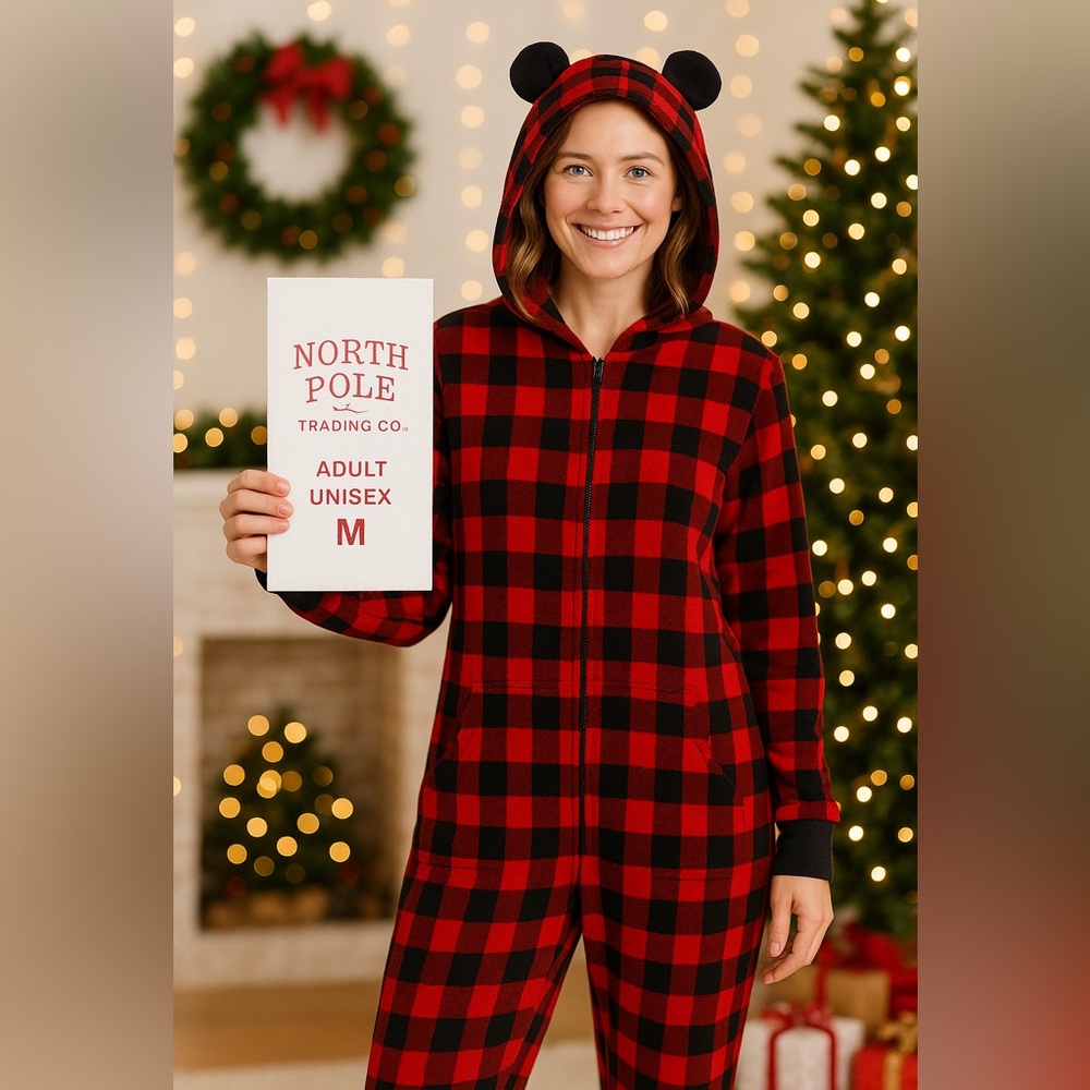 North Pole Trading Co Brushed Buffalo Plaid Bear Hooded Jumpsuit M